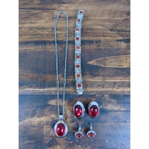 Necklace, Earrings, & Bracelet Set, Red‎ Stone & Silver Tone Metal